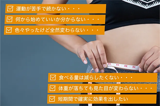 運動が苦手で続かない…。何から始めていいか分からない…。色々やったけど全然変わらない…。食べる量は減らしたくない…。体重落ちても見た目が変わらない…。短期間で確実に効果を出したい。